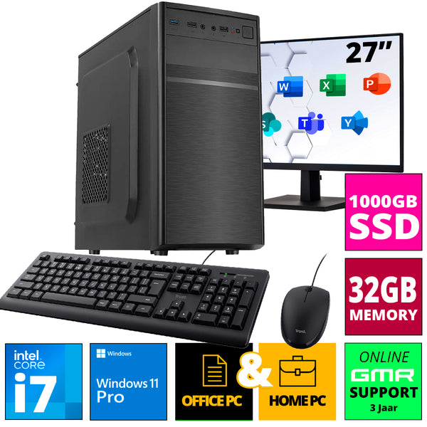Intel Desktop PC SET 27" met Core i7 - 32GB RAM - 1000GB SSD - WiFi - Bluetooth - Windows 11 Pro - Inclusief Muis & Toetsenbord & Monitor