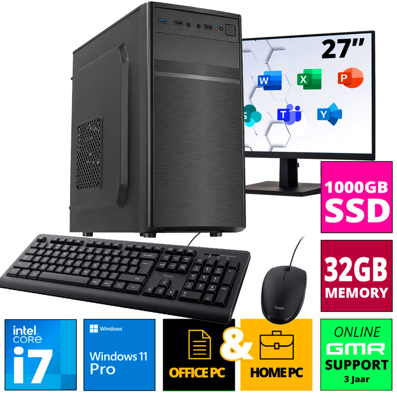 Intel Desktop PC SET 27" met Core i7 - 32GB RAM - 1000GB SSD - WiFi - Bluetooth - Windows 11 Pro - Inclusief Muis & Toetsenbord & Monitor