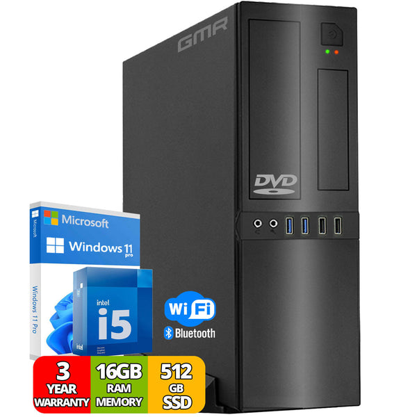 GMR Office Desktop-PC | Intel Core i5 | 16 GB DDR3 | 512 GB SSD | DVD±RW | USB3 | WiFi 600 en Bluetooth 5 | Windows 11 Prof. 64-bit | Multimediacomputer met 3 jaar garantie!