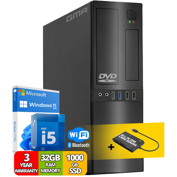 GMR Office Desktop-PC | Intel Core i5 | 32 GB DDR3 | 1000 GB SSD | DVD±RW | Smart ID Card Reader 5-in-1 | WiFi 600 en Bluetooth 5 | USB3 | Windows 11 Pro | Multimediacomputer met 3 jaar garantie!