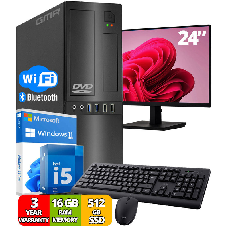 GMR Office Compleet-PC SET met 24" Monitor, toetsenbord en muis | Intel Core i5 | 16 GB DDR3 | 512 GB SSD | DVD±RW | USB3 | WiFi 600 en Bluetooth 5 | Windows 11 Prof. 64-bit | Multimediacomputer met 3 jaar garantie!