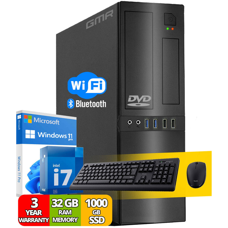 GMR Office Compleet-PC met toetsenbord en muis | Intel Core i7 | 32 GB DDR3 | 1000 GB SSD | DVD±RW | Cardreader | USB3 | WiFi 600 en Bluetooth 5 | Windows 11 Prof. 64-bit | Multimediacomputer met 3 jaar garantie!