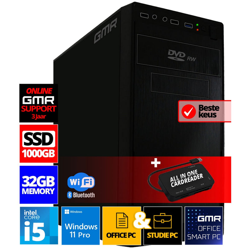 GMR Office Desktop-PC | Intel Core i5 | 32 GB | 1000 GB SSD | DVD±RW | Smart ID Card Reader 5-in-1 | WiFi 600 en Bluetooth 5 | USB3 | Windows 11 Pro | Multimediacomputer met 3 jaar garantie!