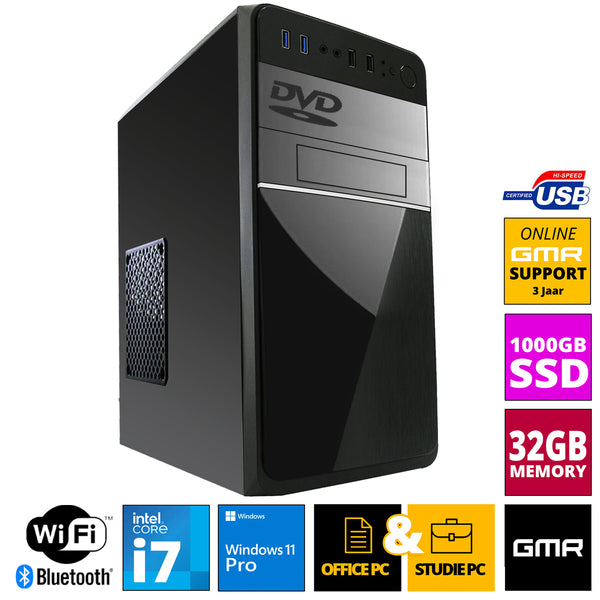 Intel i7 - Business Office Multimedia Computer met 3 jaar garantie! | 32GB RAM | 1000GB SSD | DVD±RW | USB3.0 | Windows 11 Prof. 64-Bit | WiFi 600 en Bluetooth 5