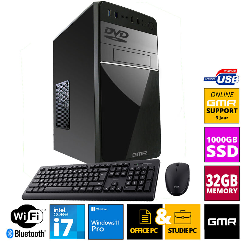 Intel Core i7 Multimedia PC compleet met Toetsenbord en Muis - Snelle computer voor kantoor en thuiskantoor | 32GB RAM | 1000GB SSD | DVD+RW | USB3.0 | WLAN | Windows 11 Pro | WiFi 600 en Bluetooth 5