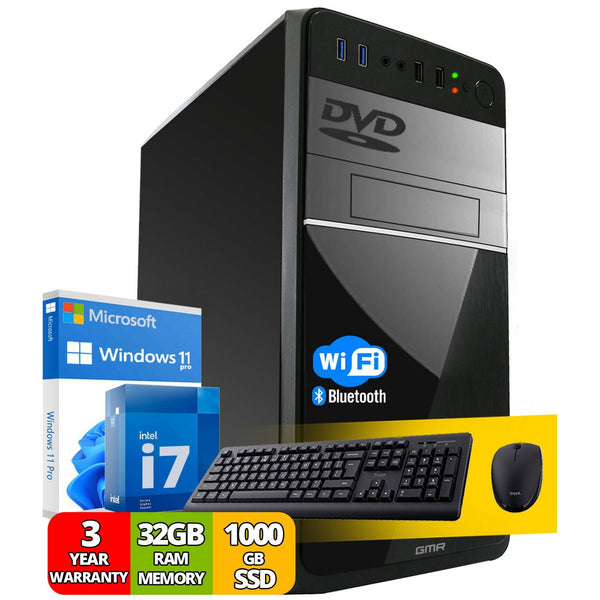 Intel Core i7 Multimedia PC compleet met Toetsenbord en Muis - Snelle computer voor kantoor en thuiskantoor | 32GB RAM | 1000GB SSD | DVD+RW | USB3.0 | WLAN | Windows 11 Pro | WiFi 600 en Bluetooth 5