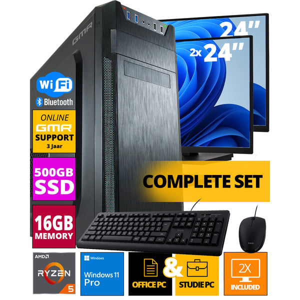 AMD Compleet PC SET | Ryzen 5 | 16 GB RAM | 500 GB SSD | Windows 11 Pro | Inclusief 2 x 24" Monitor, Muis & Toetsenbord + WiFi & Bluetooth