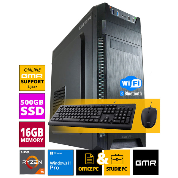 AMD Compleet PC | Ryzen 5 | 16 GB RAM | 500 GB SSD | Windows 11 Pro | Inclusief Muis & Toetsenbord + WiFi & Bluetooth