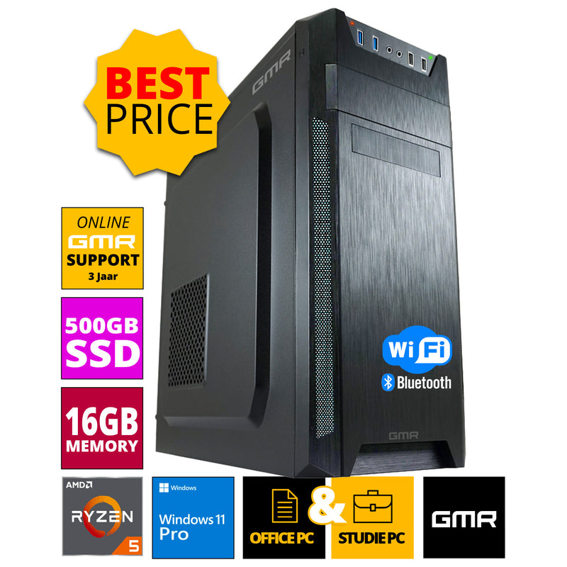 AMD Compleet PC | Ryzen 5 | 16 GB RAM | 500 GB SSD | Windows 11 Pro + WiFi & Bluetooth