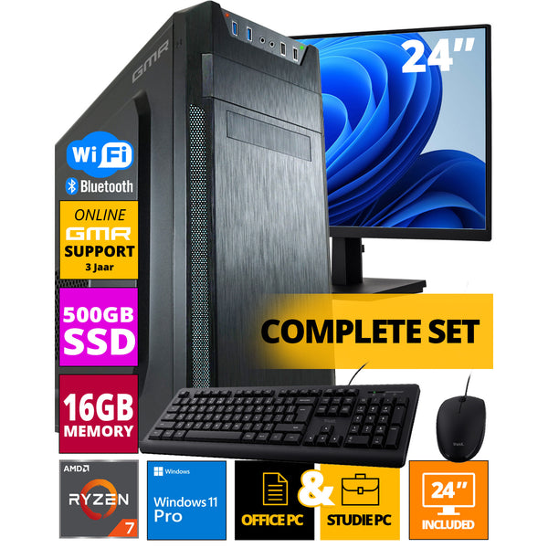 AMD Compleet PC SET | Ryzen 7 | 16 GB RAM | 500 GB SSD | Windows 11 Pro | Inclusief 24" Monitor, Muis & Toetsenbord + WiFi & Bluetooth