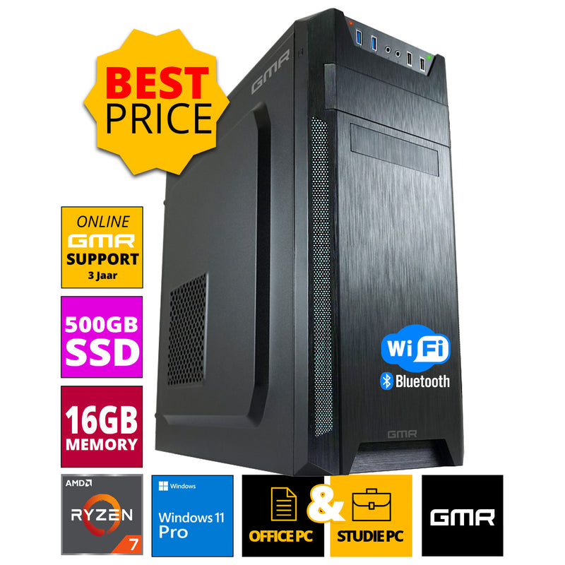 AMD Compleet PC | Ryzen 7 | 16 GB RAM | 500 GB SSD | Windows 11 Pro + WiFi & Bluetooth