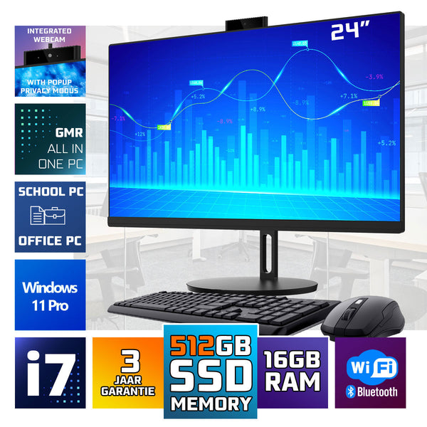 GMR All in One Desktop Computer met snelle Intel i7 | 24 Inch HD Scherm | 16GB RAM | 512GB SSD | USB3 | Windows 11 PRO | Draadloze Toetsenbord & Muis | HD Webcam | WiFi + Bluetooth | Direct klaar voor gebruik