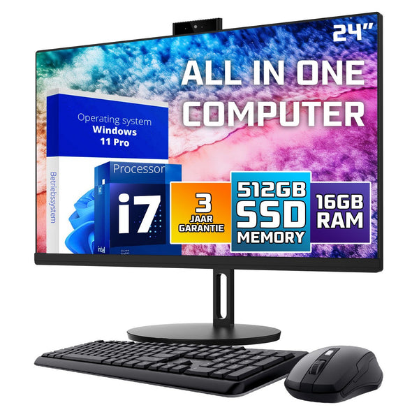 GMR All in One Desktop Computer met snelle Intel i7 | 24 Inch HD Scherm | 16GB RAM | 512GB SSD | USB3 | Windows 11 PRO | Draadloze Toetsenbord & Muis | HD Webcam | WiFi + Bluetooth | Direct klaar voor gebruik