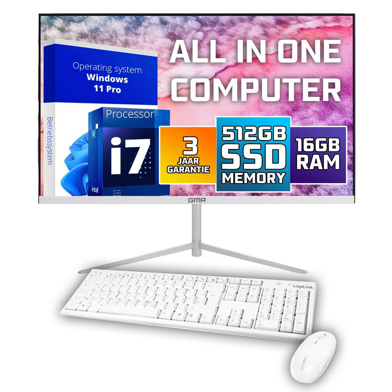 GMR All in One Desktop Computer met snelle Intel i7 | Ultra Smart Design | 24 Inch HD Scherm | 16GB RAM | 512GB SSD | USB3 | Windows 11 PRO | Draadloze Toetsenbord & Muis | WiFi + Bluetooth | Direct klaar voor gebruik | Wit