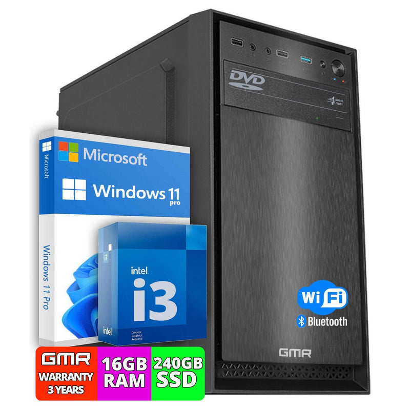 GMR Office Desktop-PC | Intel Core i3 | 16 GB DDR3 | 240GB SSD | DVD±RW | USB3 | WiFi 600 en Bluetooth 5 | Windows 11 Pro | Multimediacomputer met 3 jaar garantie!