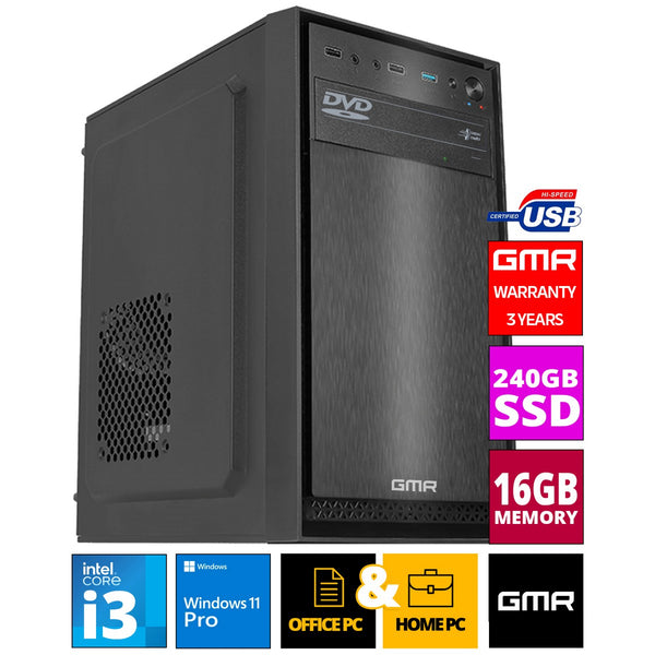 GMR Office Desktop-PC | Intel Core i3 | 16 GB DDR3 | 240GB SSD | DVD±RW | USB3 | WiFi 600 en Bluetooth 5 | Windows 11 Pro | Multimediacomputer met 3 jaar garantie!