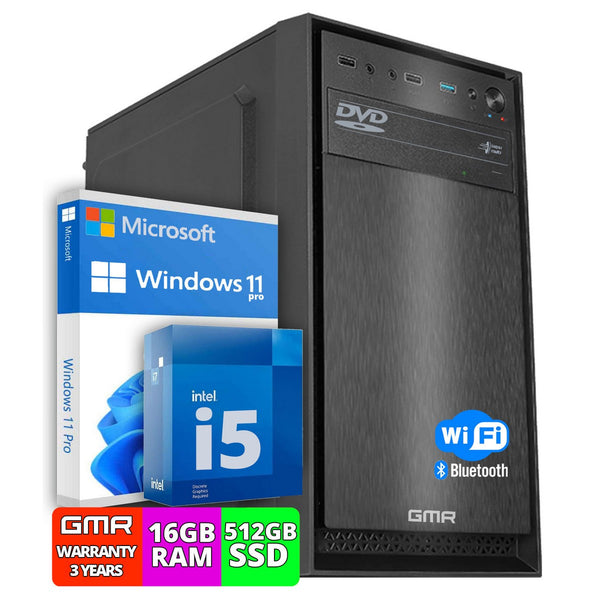 GMR Office Desktop-PC | Intel Core i5 | 16 GB RAM | 512GB SSD | DVD±RW | USB3 | WiFi 600 en Bluetooth 5 | Windows 11 Pro | Multimediacomputer met 3 jaar garantie!