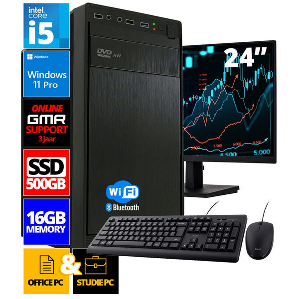 Intel Compleet PC SET | Intel Core i5 | 16 GB RAM | 500 GB SSD | Windows 11 Pro | Inclusief 24" Monitor, Muis & Toetsenbord