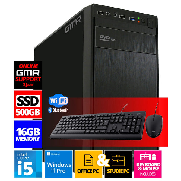 GMR - Intel Compleet PC | Intel Core i5 | 16 GB RAM | 500 GB SSD | Windows 11 Pro | Inclusief Muis & Toetsenbord