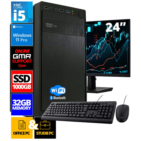 Intel Compleet PC SET | Intel Core i5 | 32 GB RAM | 1000 GB SSD | Windows 11 Pro | Inclusief 24" Monitor, Muis & Toetsenbord