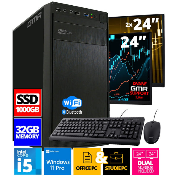 Intel Compleet PC SET | Intel Core i5 | 32 GB RAM | 1000 GB SSD | Windows 11 Pro | Inclusief 2 x 24" Monitor, Muis & Toetsenbord