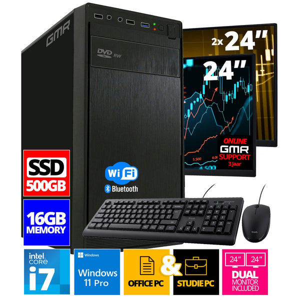 Intel Compleet PC SET | Intel Core i7 | 16 GB RAM | 500 GB SSD | Windows 11 Pro | Inclusief 2 x 24" Monitor, Muis & Toetsenbord