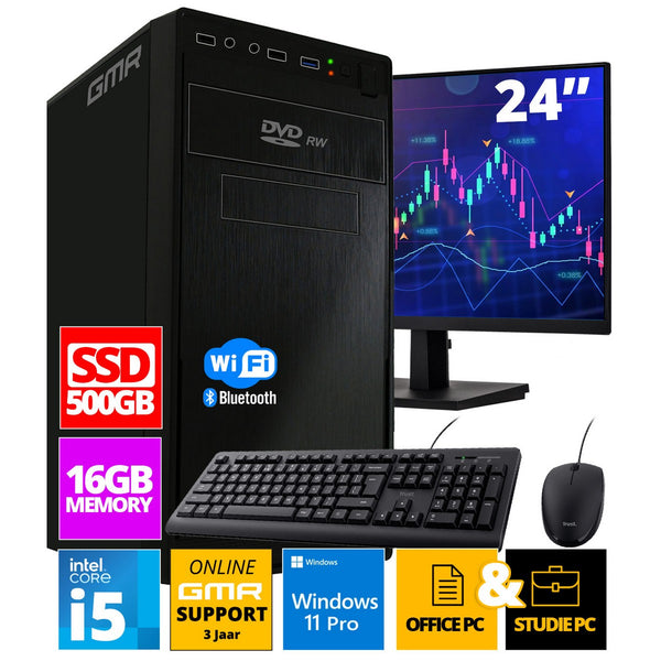 Intel Compleet Desktop SET | Intel Core i5 | 16 GB RAM | 512GB SSD | DVD+RW | Windows 11 Pro | 24 Inch Monitor + Muis & Toetsenbord