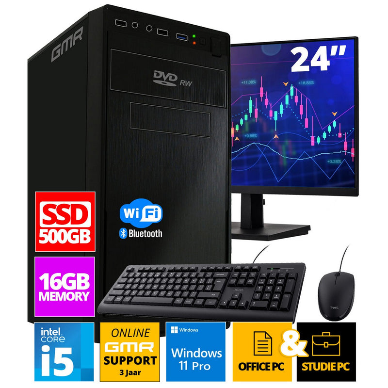 Intel Compleet Desktop SET | Intel Core i5 | 16 GB RAM | 512GB SSD | DVD+RW | Windows 11 Pro | 24 Inch Monitor + Muis & Toetsenbord