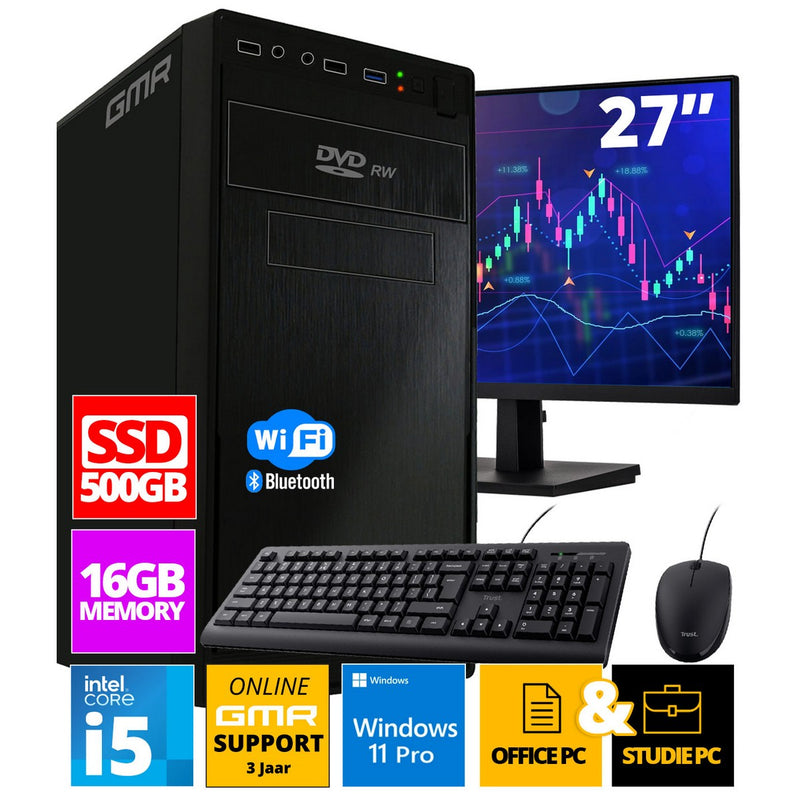 Intel Compleet Desktop SET | Intel Core i5 | 16 GB RAM | 512GB SSD | DVD+RW | Windows 11 Pro | 27 Inch Monitor + Muis & Toetsenbord