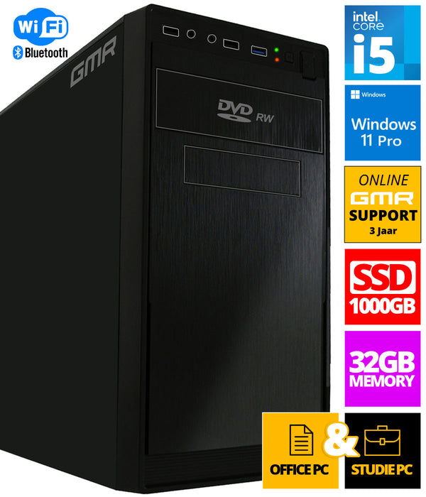 Intel Compleet Desktop PC | Intel Core i5 | 32 GB RAM | 1 TB SSD | DVD+RW | Windows 11 Pro | Business Office Multimedia Computer