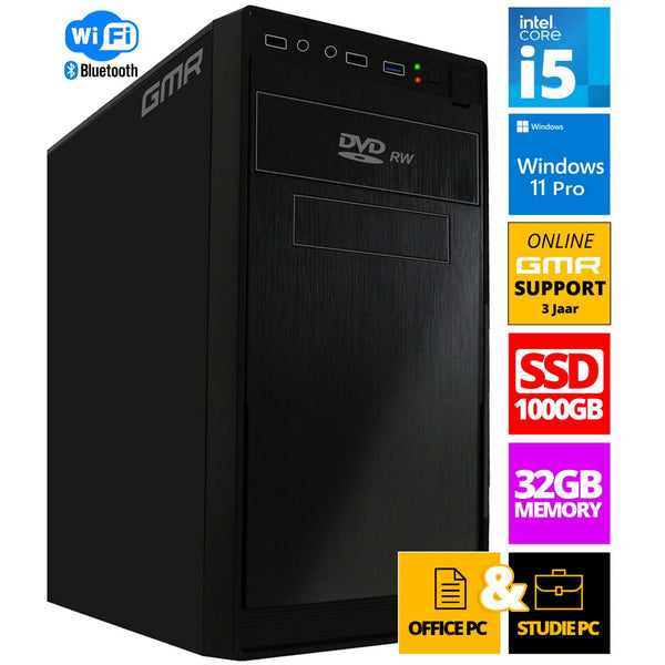 Intel Compleet Desktop PC | Intel Core i5 | 32 GB RAM | 1 TB SSD | DVD+RW | Windows 11 Pro | Business Office Multimedia Computer