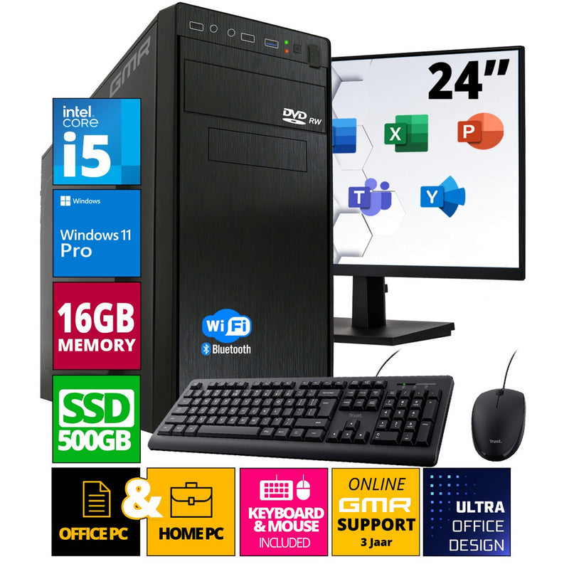 Intel Compleet Desktop SET | Intel Core i5 | 16 GB RAM | 512GB SSD | DVD+RW | Windows 11 Pro | 24 Inch Monitor + Muis & Toetsenbord