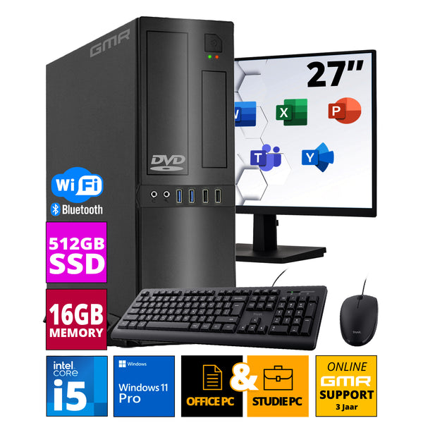 Intel Compleet Desktop SET | Intel Core i5 | 16 GB RAM | 512GB SSD | DVD+RW | Windows 11 Pro | 27 Inch Monitor + Muis & Toetsenbord