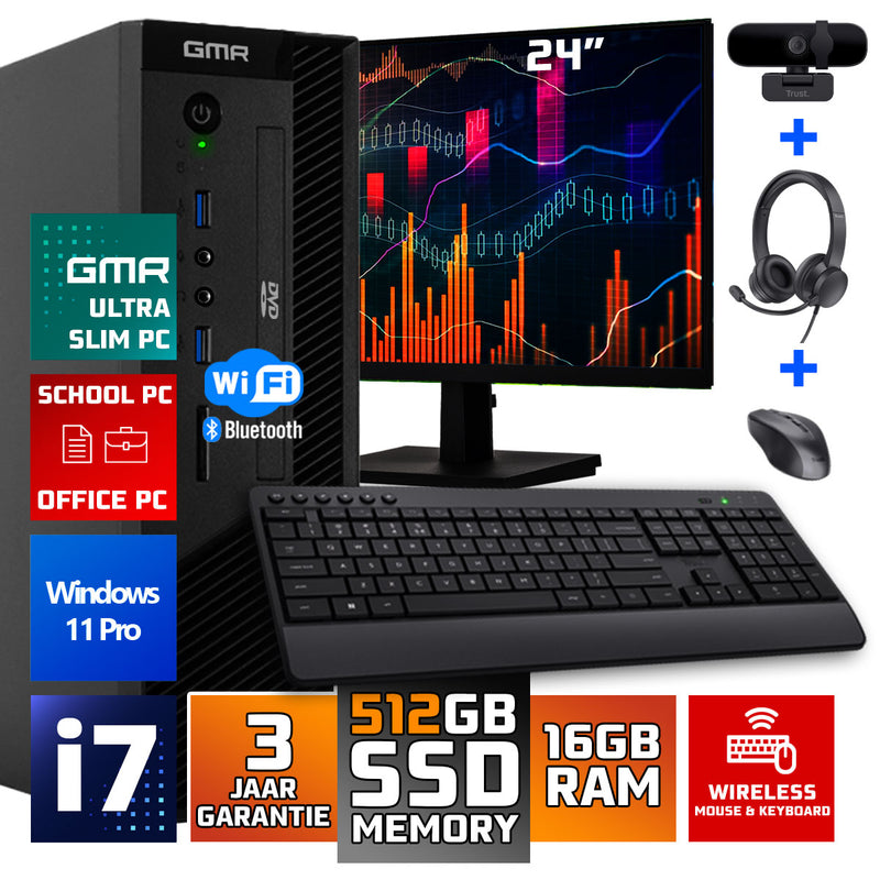 GMR Slim i7 Office PC SET Premium - Business Office Computer | 16 GB RAM | 512GB SSD | USB 3 | DVD | Windows 11 Pro | WiFi-Bluetooth | 24 Inch Monitor + Draadloze Muis & Toetsenbord + Headset + Webcam