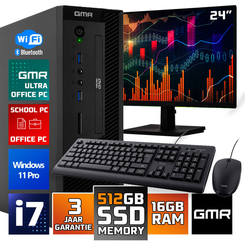 GMR Slim i7 Office PC SET - Business Office Computer | 16 GB RAM | 512GB SSD | USB 3 | DVD | Windows 11 Pro | WiFi-Bluetooth | 24 Inch Monitor + Muis & Toetsenbord