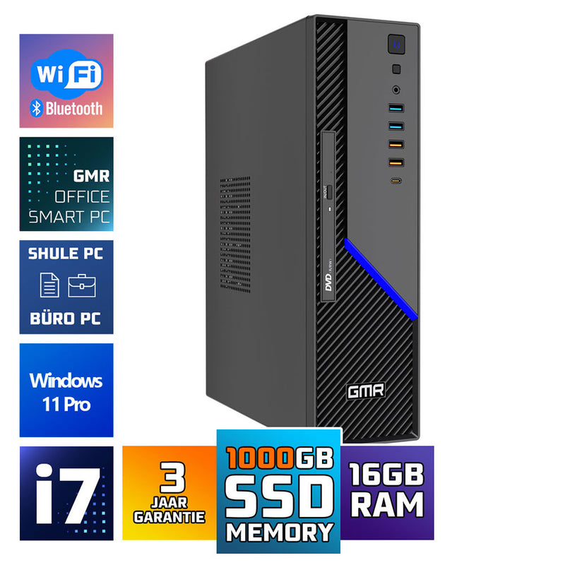 GMR Ultra SFF i7 Office PC - Business Office Computer | 16 GB RAM | 1024GB SSD M.2 | DVD±RW | Windows 11 Pro | WiFi-Bluetooth