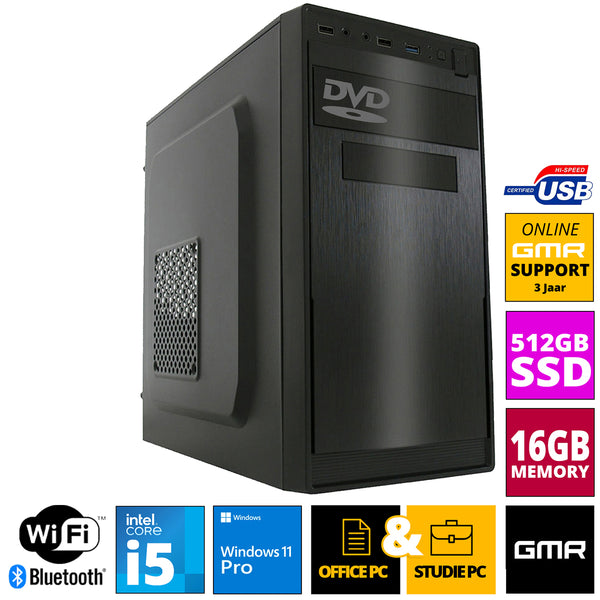 GMR Office Desktop-PC | Intel Core i5 | 16 GB RAM | 512GB SSD | DVD±RW | USB3 | WiFi 600 en Bluetooth 5 | Windows 11 Pro | Multimediacomputer met 3 jaar garantie!