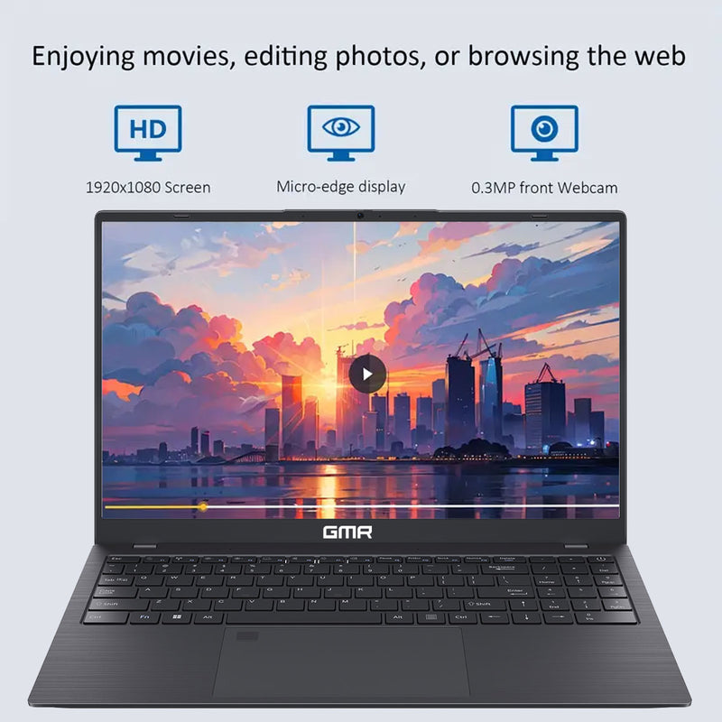 GMR - 15.6 Inch Full HD Laptop - Intel N95 - 16GB DDR4 RAM - 512GB SSD - Office 2024 - Windows 11 Pro voor Thuis, Office en Studie notebook