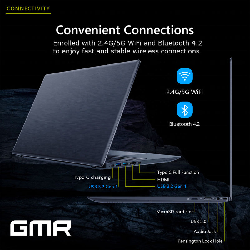 GMR - 15.6 Inch Full HD Laptop - Intel N95 - 16GB DDR4 RAM - 512GB SSD - Office 2024 - Windows 11 Pro voor Thuis, Office en Studie notebook