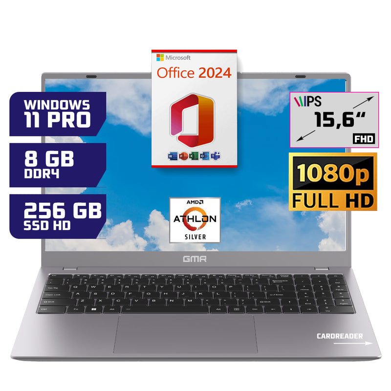 GMR - 15.6 Inch Full HD Laptop - AMD Athlon Silver - 8GB RAM - 256GB SSD - Office 2024 - Windows 11 Pro voor Thuis, Office en Studie notebook