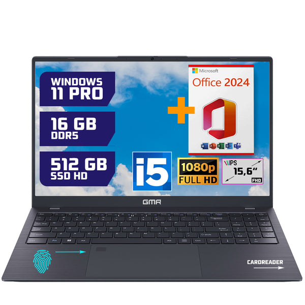 GMR - 15.6 Inch Full HD Laptop - Intel Core i5 - 16GB DDR5 RAM - 512GB SSD - Office 2024 - Windows 11 Pro voor Thuis, Office en Studie notebook