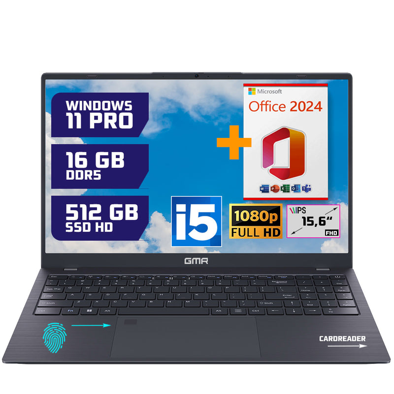 GMR - 15.6 Inch Full HD Laptop - Intel Core i5 - 16GB DDR5 RAM - 512GB SSD - Office 2024 - Windows 11 Pro voor Thuis, Office en Studie notebook