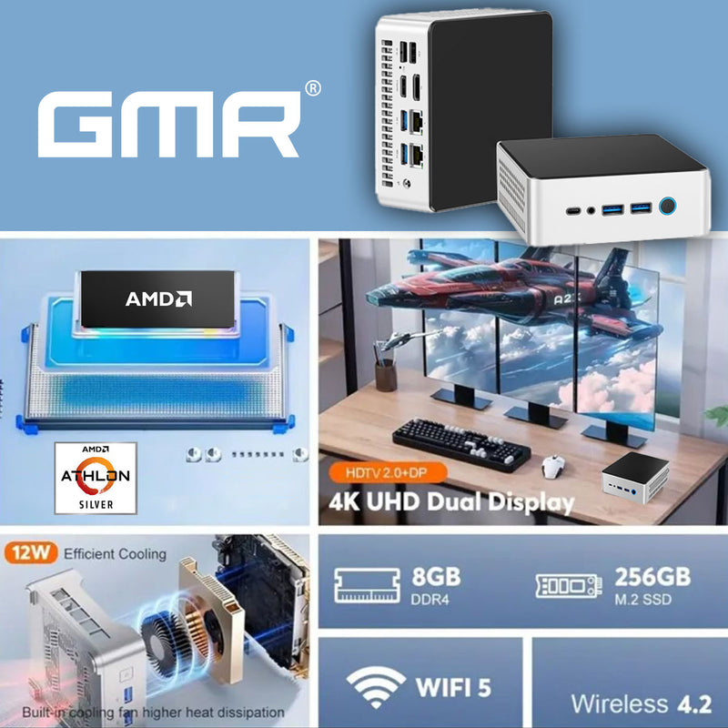 GMR Ultra Mini PC - Smart Computer – Snelle AMD Silver | Windows 11 Pro | 8GB RAM | 256GB SSD | USB-C | WiFi & Bluetooth | VESA Mount | Dual Monitor Support | 3 Jaar Garantie