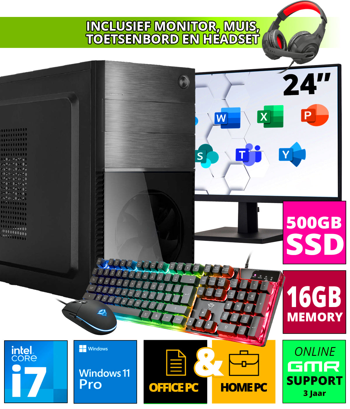 Intel Compleet PC SET | Intel Core i7 | 16 GB RAM | 500 GB SSD | Windo