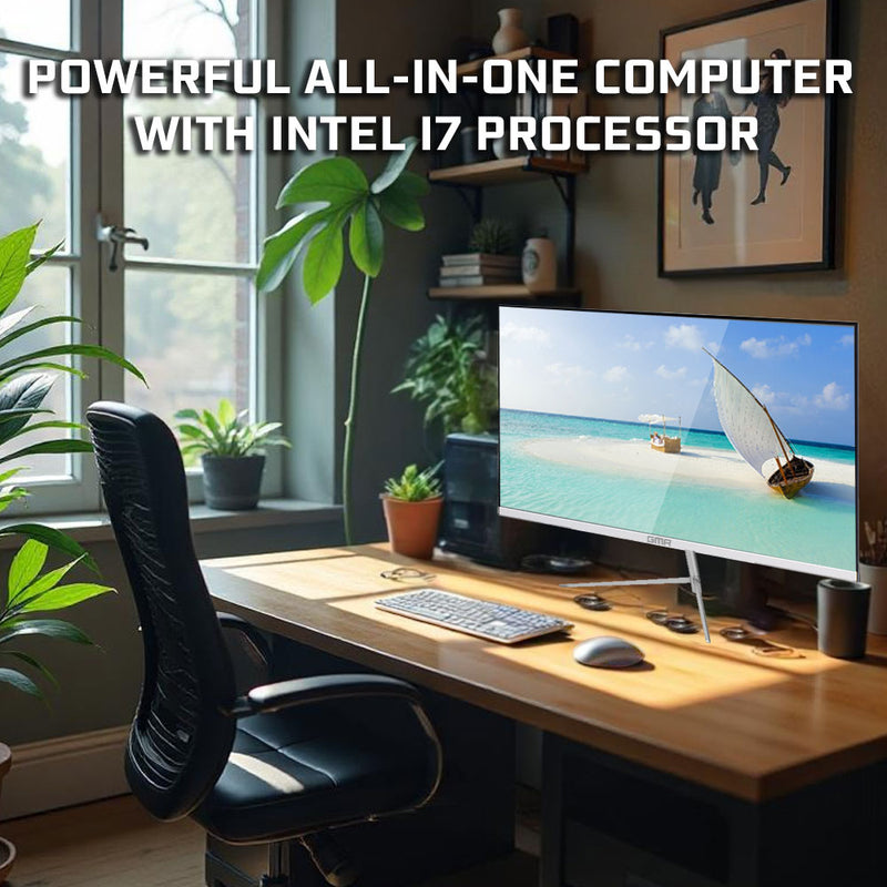 GMR All in One Desktop Computer met snelle Intel i7 | Ultra Smart Design | 24 Inch HD Scherm | 16GB RAM | 512GB SSD | USB3 | Windows 11 PRO | Draadloze Toetsenbord & Muis | WiFi + Bluetooth | Direct klaar voor gebruik | Wit