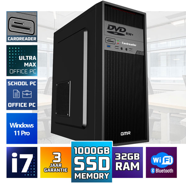 GMR Ultra Max i7 Office PC - Business Office Computer | 32 GB RAM | 1000GB SSD | DVD±RW | USB 3 | Windows 11 Pro | WiFi-Bluetooth