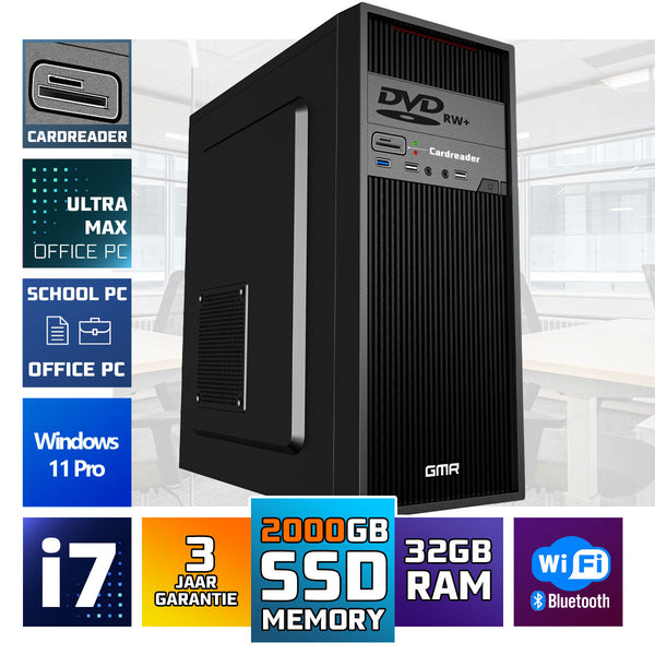 GMR Ultra Max i7 Office PC - Business Office Computer | 32 GB RAM | 2000GB SSD | DVD±RW | USB 3 | Windows 11 Pro | WiFi-Bluetooth