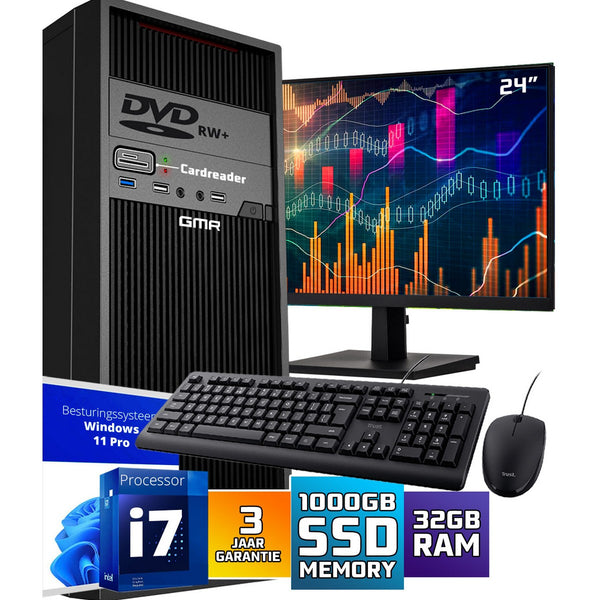 Intel Compleet PC SET | Intel Core i7 | 32 GB RAM | 1000 GB SSD | Windows 11 Pro | Inclusief 24" Monitor, Muis & Toetsenbord
