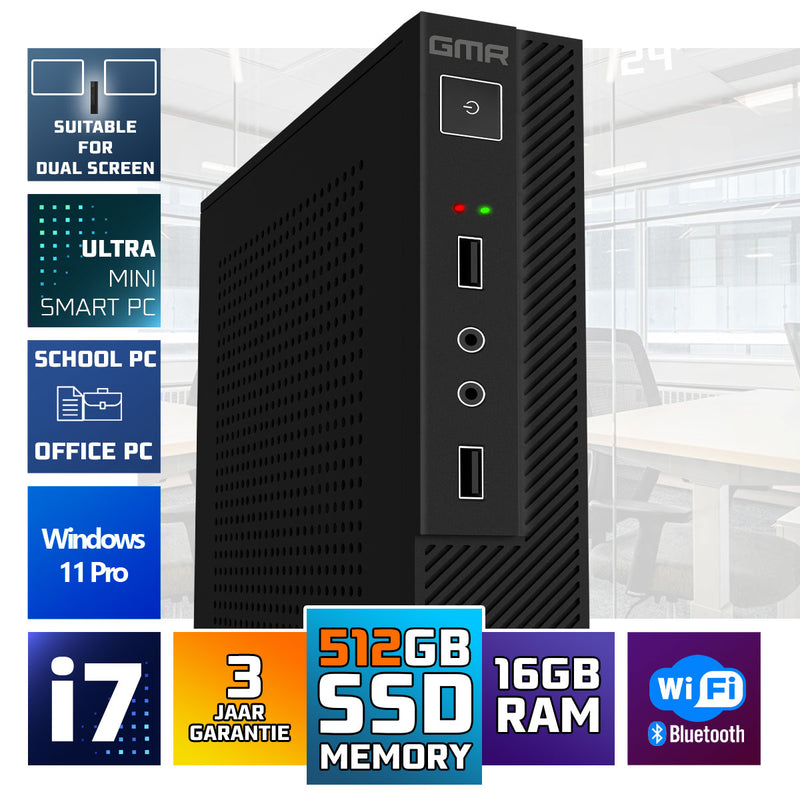 GMR Ultra mini Smart Computer met snelle Intel i7 - Business Office Desktop | 16GB RAM | 512GB SSD | USB3 | Windows 11 PRO | WiFi + Bluetooth | Incl. VESA bevestiging | Geschikt voor 2 schermen | 3 Jaar garantie | Direct klaar voor gebruik