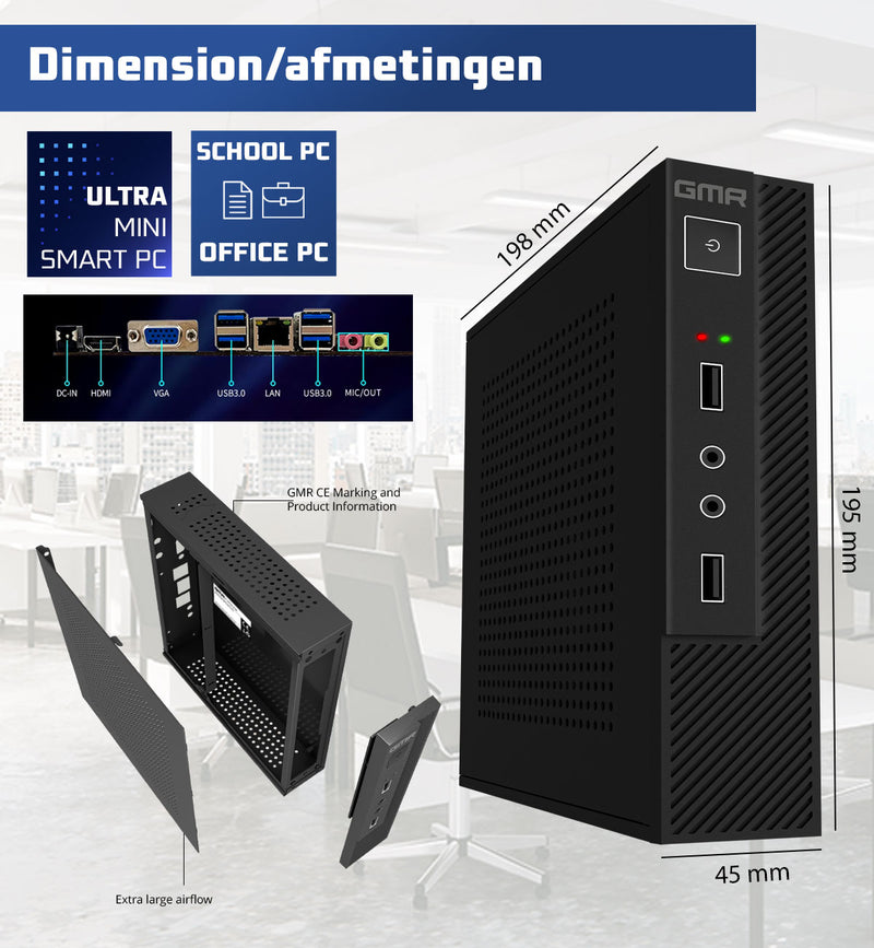 GMR Ultra mini Smart Computer met snelle Intel i7 - Business Office Desktop | 16GB RAM | 512GB SSD | USB3 | Windows 11 PRO | WiFi + Bluetooth | Incl. VESA bevestiging | Geschikt voor 2 schermen | 3 Jaar garantie | Direct klaar voor gebruik